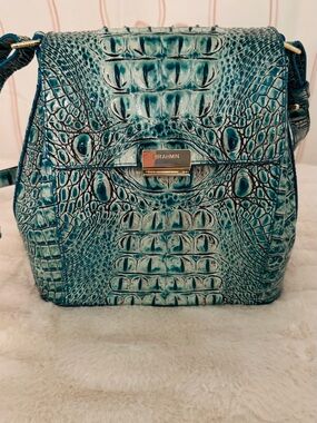 Brahmin Teal Croc-Embossed Leather Crossbody with Gold Hardware